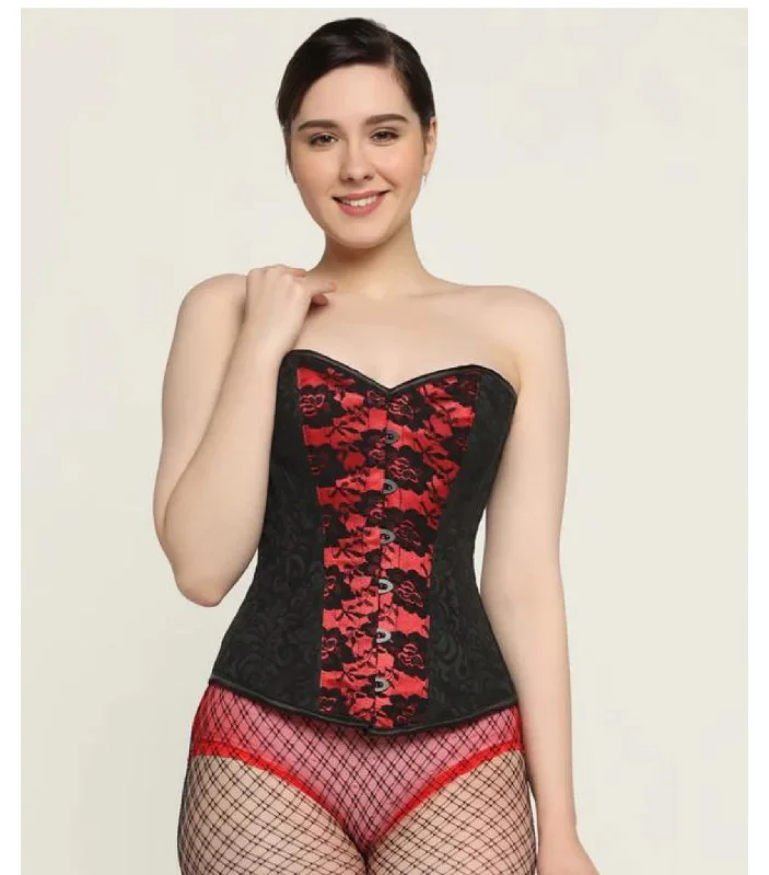 Corset with leather applique-Red Black waist reducing  overbust Corsets