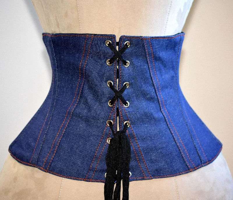 Corset with side laces-Trendy waspie belt corset from denim. Waist training fitness edition corset belt with laces in front, trendy summer corset