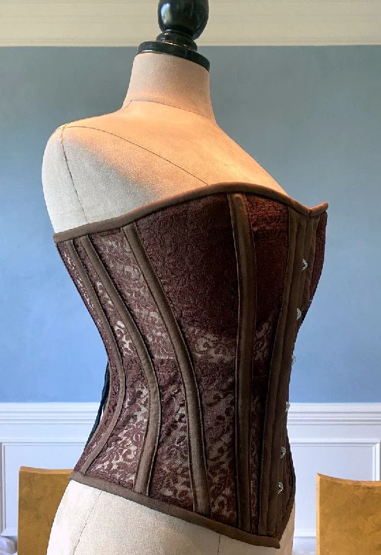 Corset with front lacing-Overbust mesh authentic corset with cups in chocolate brown and other colors. Gothic Victorian, steampunk affordable, historical corset