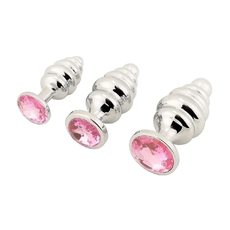 anal toys for sensory play-Pink Ribbed Jeweled Anal Training Set (3 Piece)