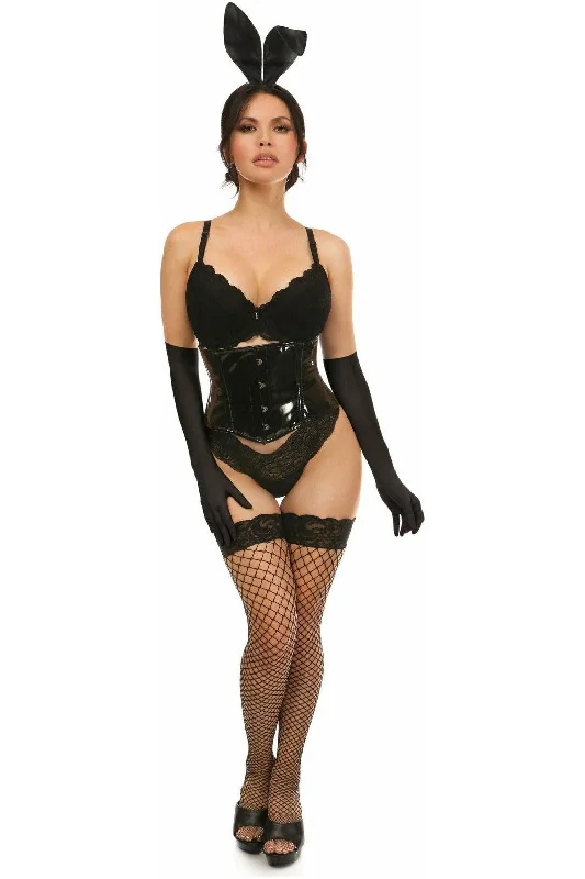 Corset with floral trim-Lavish 4 PC Black PVC Bunny Corset Costume