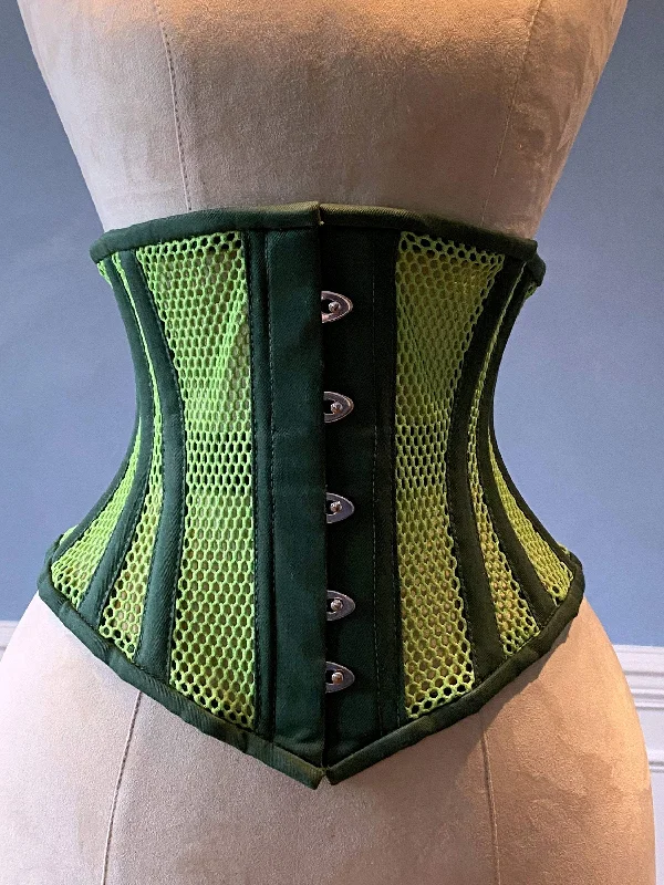 Corset dress plus size-Real steel boned underbust underwear green corset from transparent mesh and cotton. Real waist training corset for tight lacing.