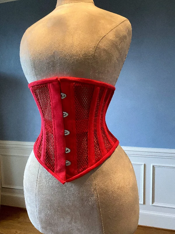 Corset for vintage prom-Real steel boned underbust underwear red corset from transparent mesh and cotton. Real waist training corset for tight lacing.