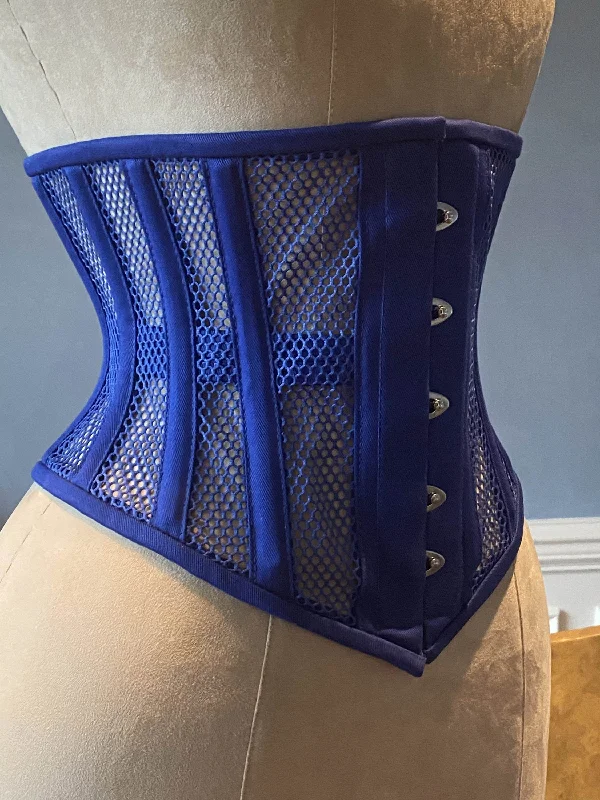 Corset for steampunk prom-Real steel boned underbust corset from blue transparent mesh and cotton. Real waist training corset for tight lacing.