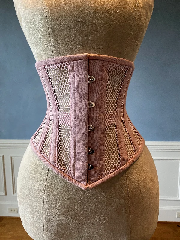 Corset with lace trim-Real steel boned underbust underwear corset from transparent mesh and cotton. Summer waist training corset for tight lacing of pink color