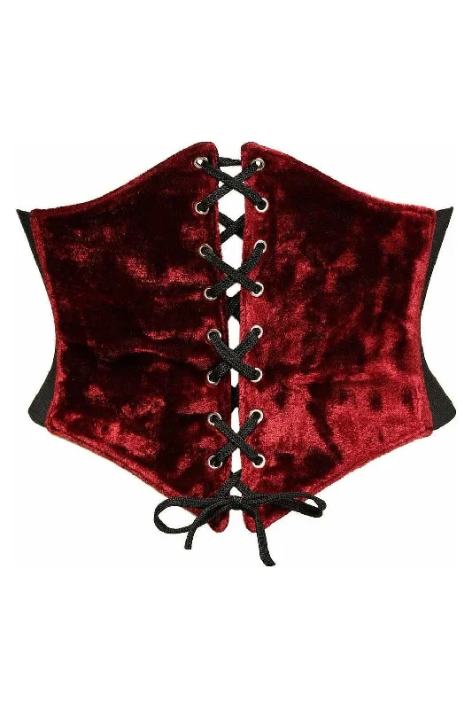 Corset with silk overlay-Lavish Dark Red Crushed Velvet Corset Belt Cincher