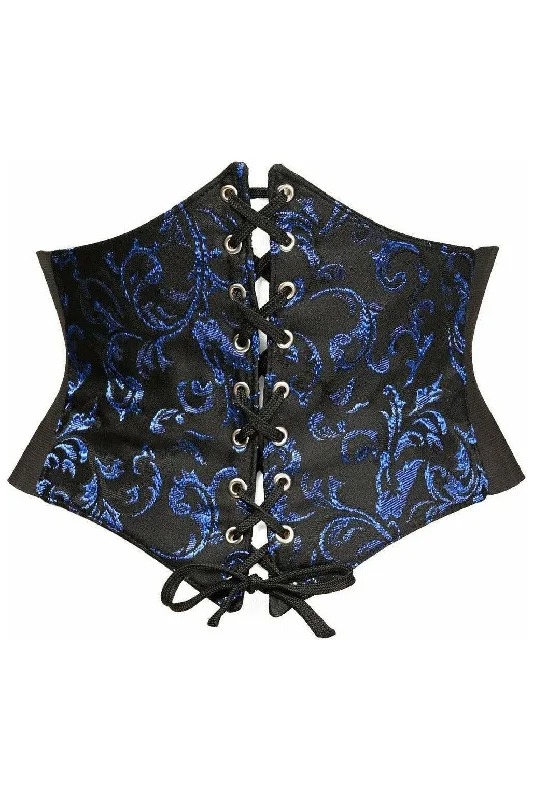 Corset with back buckles-Lavish Black/Blue Brocade Corset Belt Cincher