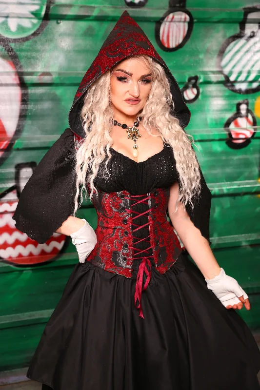 Corset for body alignment-Petite Hooded Vixen Corset in Crimson and Pewter Medallion - The "Belsnickel's Beauty" Collection