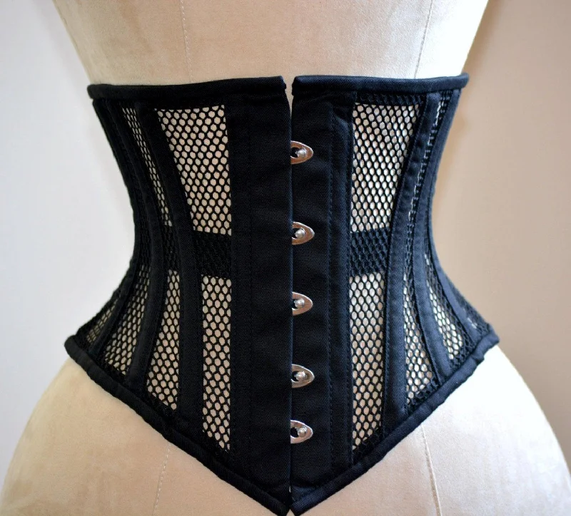 Corset for vintage style-Real steel boned underbust underwear corset from transparent mesh and cotton.