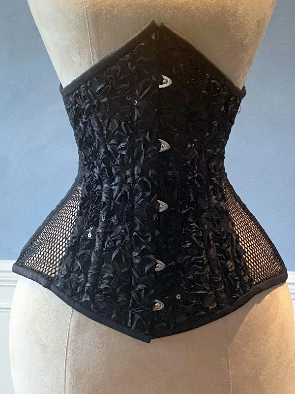 Corset with garters-Real steel boned underbust corset from mesh with embroidered front and back. Waist training corset for tight lacing. Gothic, steampunk corset