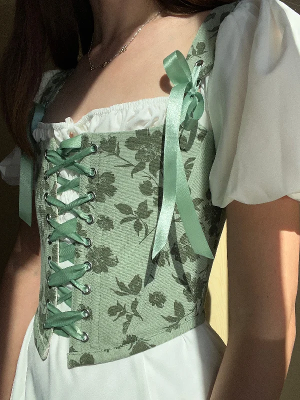 Corset with chevron pattern-Floral sage green corset, reversible, removable shoulder strap, size S