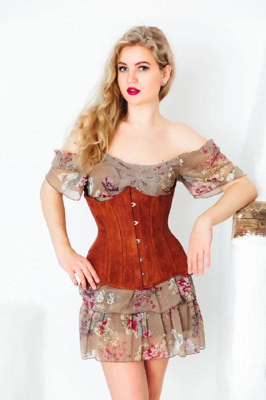 Corset for body contouring-Real double row steel boned underbust corset from lambskin suede. Exclusive steampunk historical corset with double rows of bones. Western