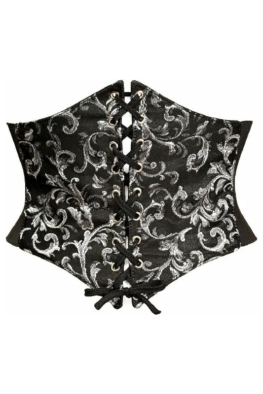 Corset for body toning-Lavish Black/Silver Brocade Corset Belt Cincher