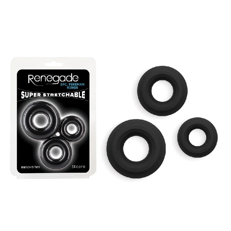 cock ring beginner tutorial-Renegade 3pc Fireman Rings - Black - Black Cock Rings - Set of 3 Sizes