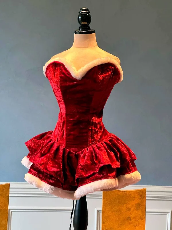 Corset with floral straps-Authentic Santa corset dress with fluffy skirt, red Christmas velvet dress. Mini Santa Dress