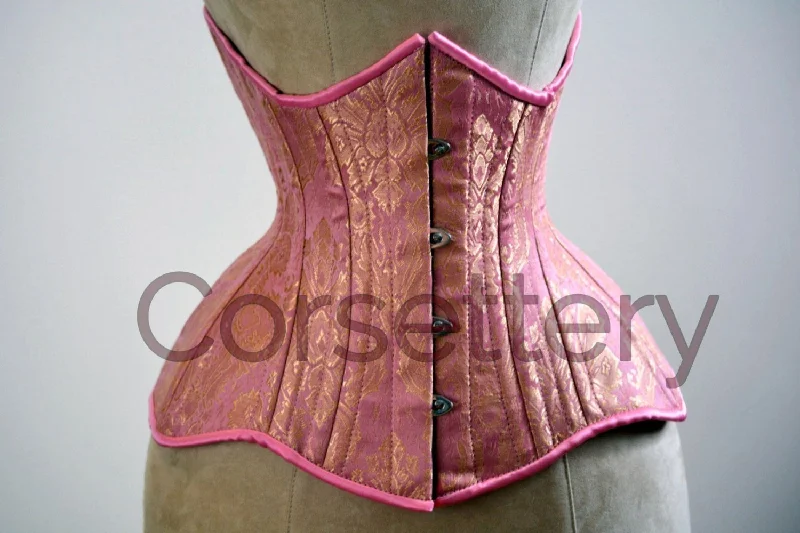 Corset for curvy women-Double row steel boned underbust corset from pink and gold brocade. Real waist training corset for tight lacing. Gothic, steampunk corset