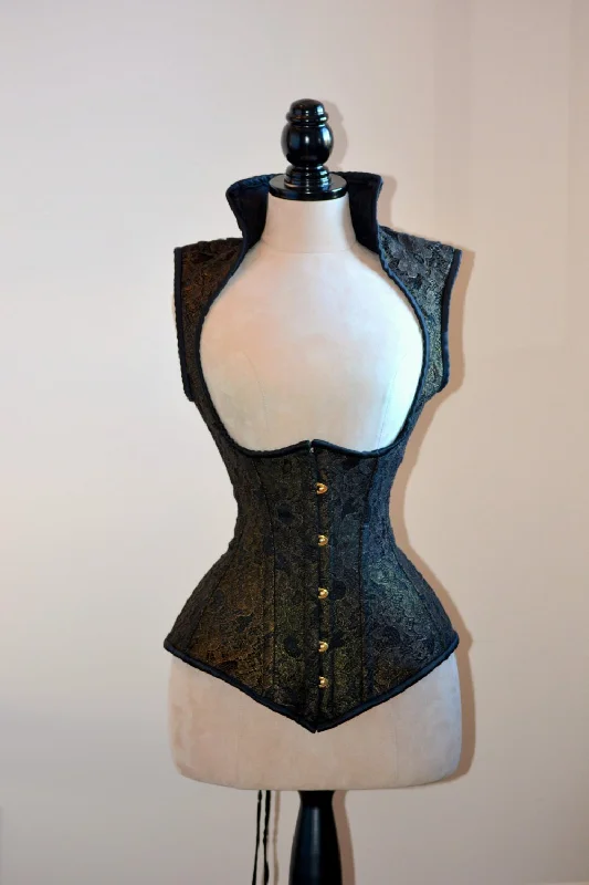 Corset with lace applique-Vest corset in gothic style with high back. Gothic Victorian, steampunk affordable cheap corset, girlfriend's gift, historical corset