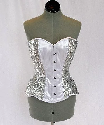 Corset for figure support-Shiny sequins and satin overbust authentic corset with long hip-line. Steel-boned corset for tight lacing, prom, gothic, wedding, valentine