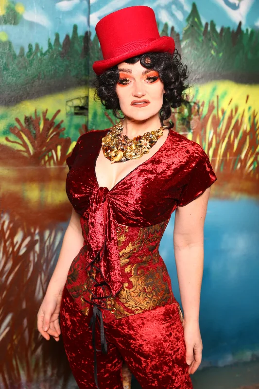 Corset for gothic cosplay-Swallowtail Corset in Red & Gold Large Medallion #47 - The Bells & Whistles Collection