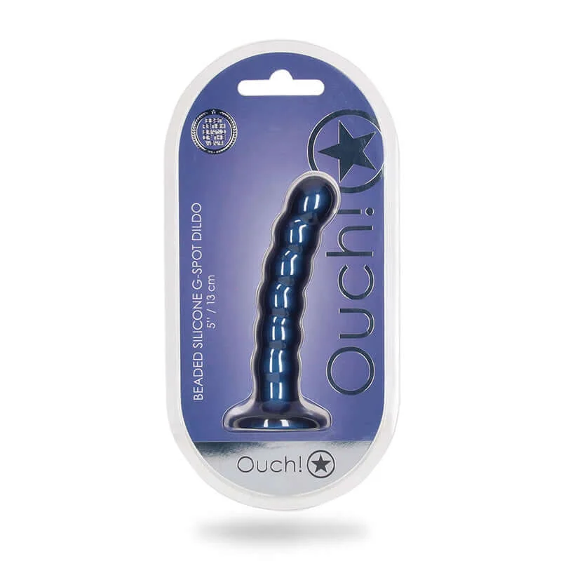 dildo charging accessories-Ouch! 5-Inch Beaded Silicone G-Spot Dildo - Metallic Blue | Strong Suction Cup