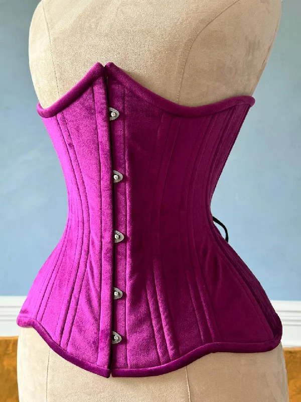 Corset lingerie set-Real double row steel boned underbust bright violet velvet corset of short design with wide hips