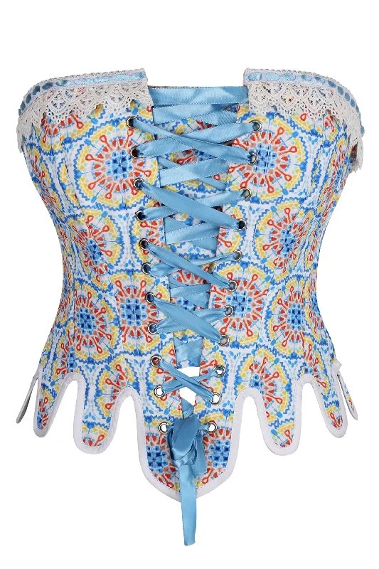 Corset with steel clasps-Handmade Steel Boned Corset with Scalloped Hem and Vibrant Mosaic Print