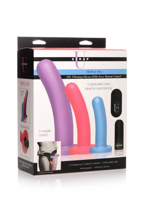 dildo portability enhancements-Strap U Triple Peg 28X Dildo Set Silicone with a Remote Control