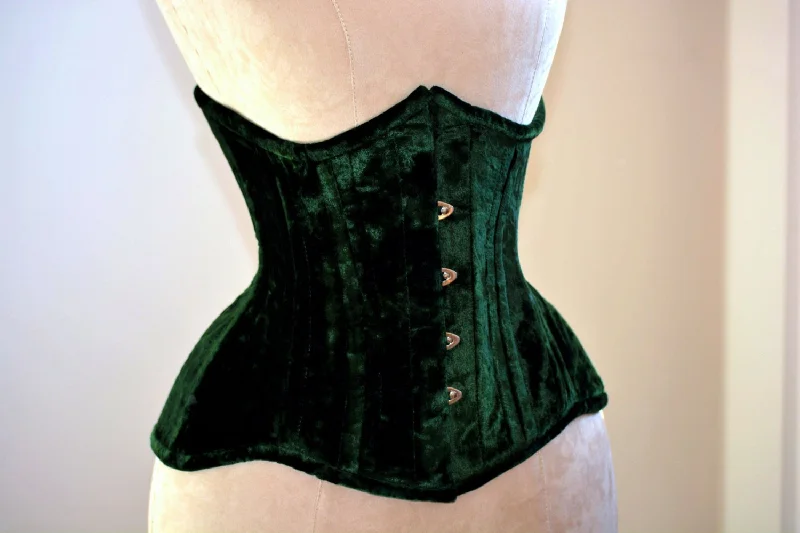 Corset for narrow shapes-Real double row steel boned underbust velvet corset of short design with long hips