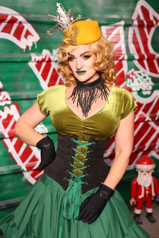 Corset with velvet trim-Petite Wench Corset  in Charcoal Chenille Upholstery -  The "Oh My Garland" Collection