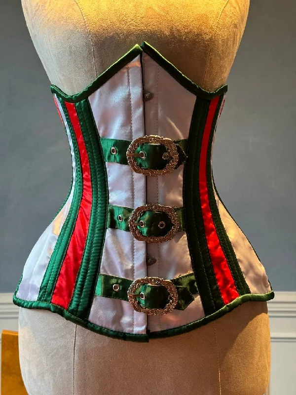 Corset with hook closure-Underbust red and green satin in Santa style with steampunk closure hooks in the front. Corset is made personally according to your measurements.