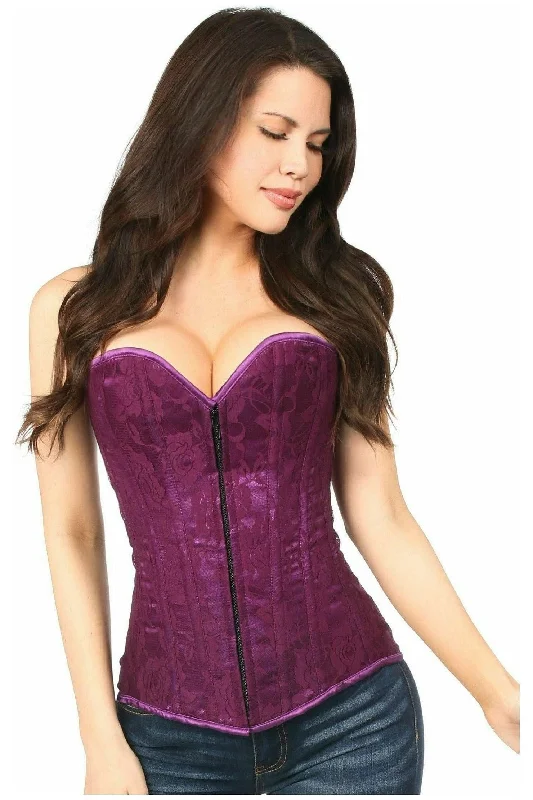 Corset with lace applique-Lavish Magenta Lace Overbust Corset w/Zipper