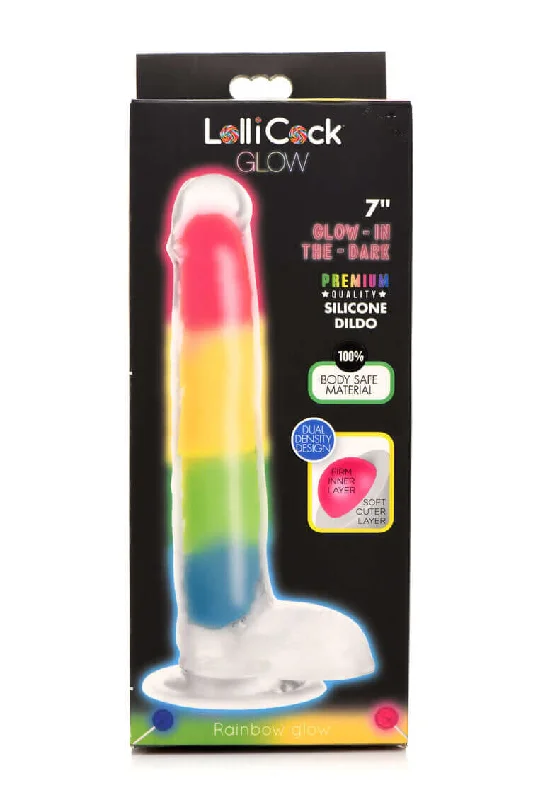 dildo ergonomic guides-Lollicock 7 inches Glow In The Dark Rainbow Silicone Dildo with Balls