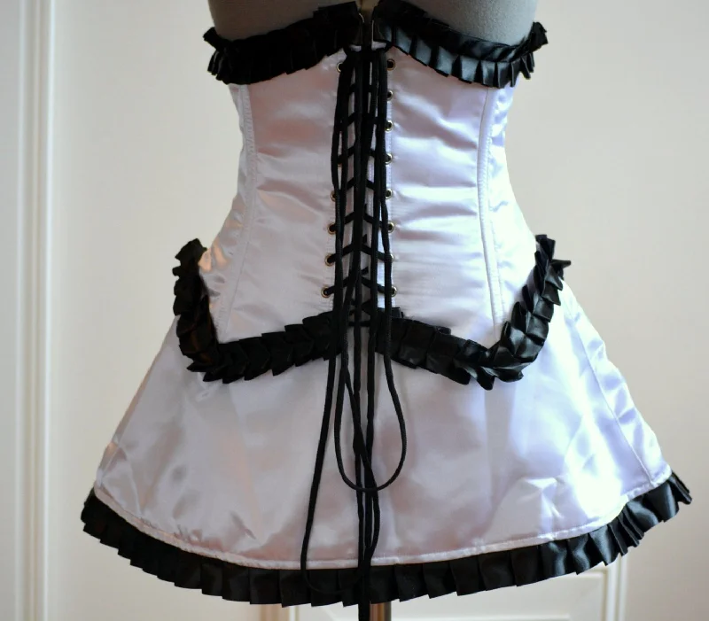 Corset with suede straps-Steel boned underbust corset and skirt maid Kakouen Myousai cosplay Masaki. Waist training corset, maid costume, authentic corset