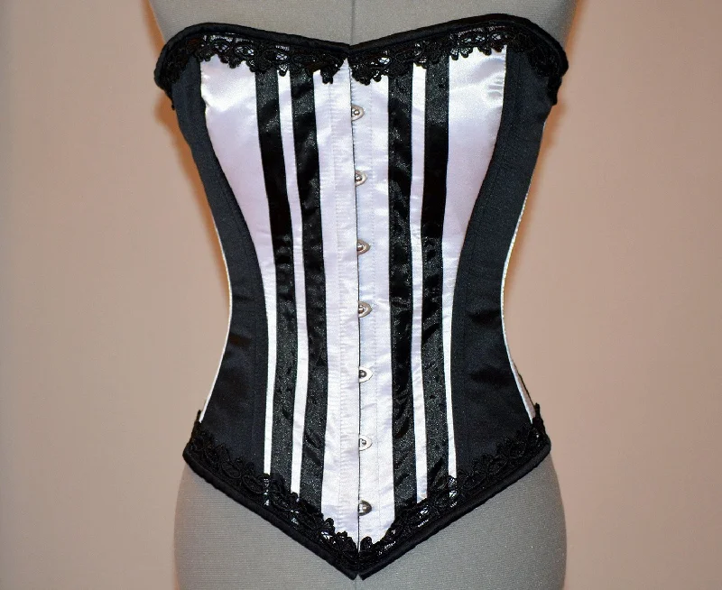 Corset for gothic festival-Long black and white satin corset with black lace trim. Gothic, historical, steampunk, prom, gift corset, couture, steel-boned, Victorian