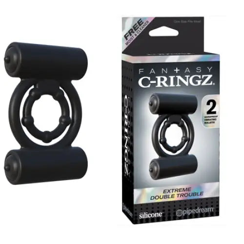 cock ring size guide solutions-Pipedream Fantasy C-Ringz Extreme Double Trouble Vibrating Silicone Cockring With Dual Bullets Black