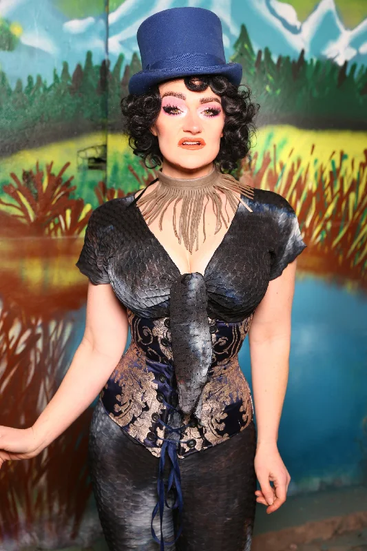 Corset with silk applique-Swallowtail Corset in Navy & Pearl Damask #44 - The Bells & Whistles Collection