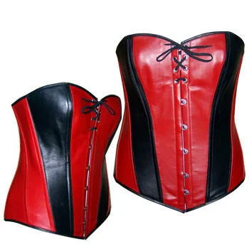 Corset for small forms-Lambskin full bust rock corset, red and black, gothic, moto corset from red or red and black leather with lace on the bust. Steelbone corset