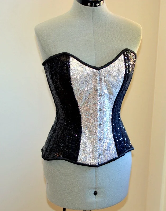 Corset and blouse pairing-Shiny glitter overbust authentic corset with long hip-line. Steel-boned for tight lacing. Prom, shiny burlesque, cosplay, couture corset