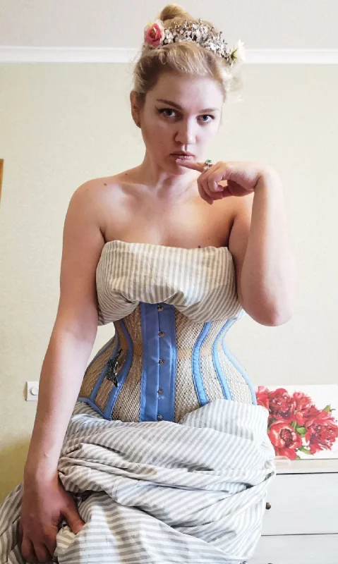 Corset with suede trim-Blue and beige steel boned underbust corset from mesh. Authentic corset for tight lacing