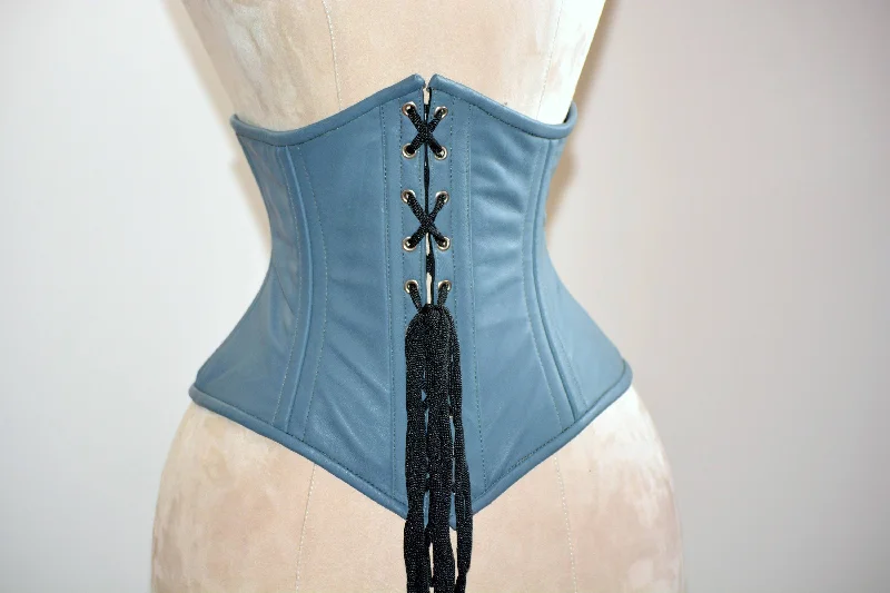 Corset with leather applique-Authentic steel boned underbust corset from hand dyed real leather (lambskin). Waist training corset for tight lacing. Trendy fashion leather gray belt