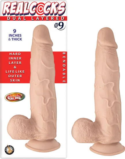 dildo subscription resources-Real Cocks Dual Layered Number 9 Beige Dildo - 9 Inches | Realistic Feel, Suction Cup Base, Harness Compatible