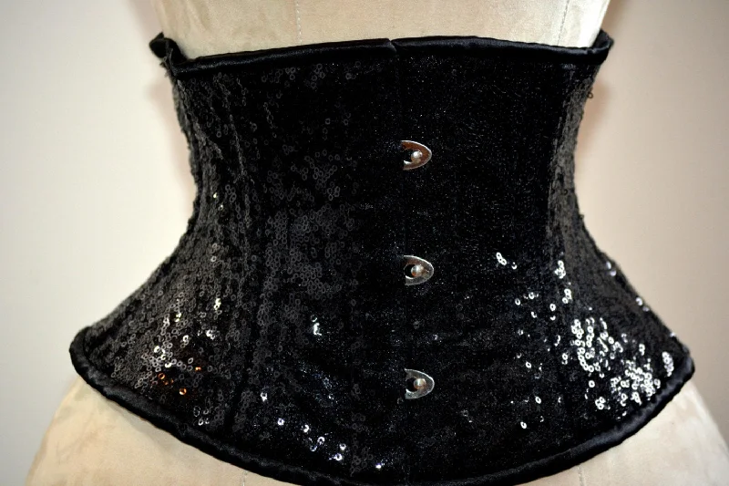 Corset with front hooks-Shiny sequins steel-boned authentic waspie corset for tight lacing and waist training. Gothic, vintage, burlesque, pinup, steampunk, prom