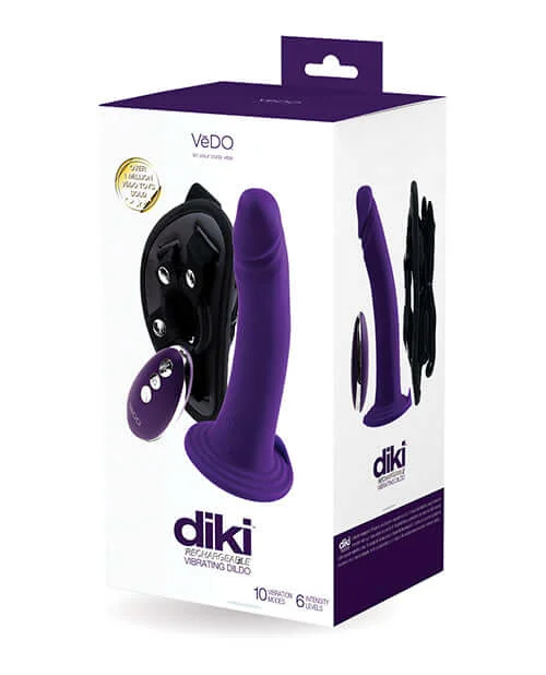 dildo safety enhancements-Vedo Diki Vibrating Dildo with Harness Deep Purple