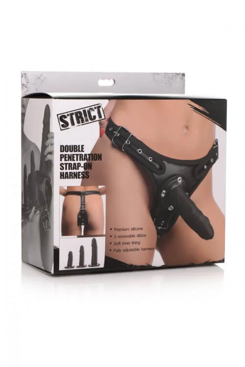 dildo suction manuals-Strict Double Penetration Strap-On Harness with Adjustable PU Leather Harness & 3 Premium Silicone Dildos