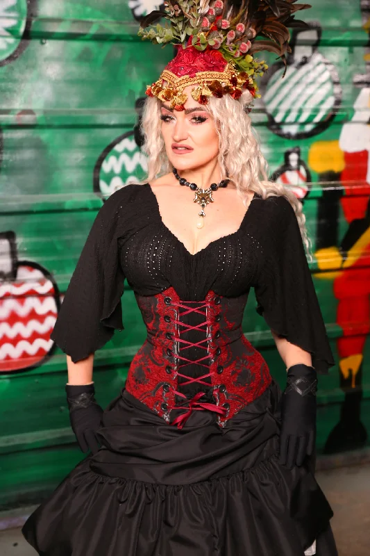 Corset with floral trim-Torian Corset In Crimson and Pewter Medallion - The "Belsnickel's Beauty" Collection