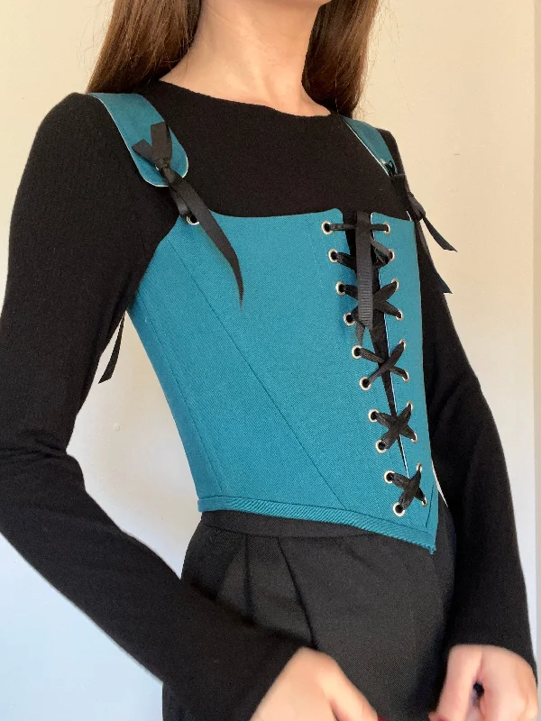 Corset for vintage wedding-Teal corset with front and back ties, removable shoulder straps,