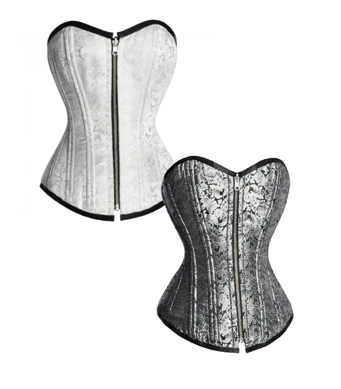 Corset with sheer panels-White/ silver Brocade Reversible Overbust Waist Training Corset