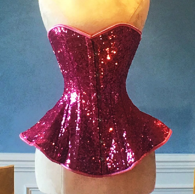 Corset for fitness training-The Ramona Corset. Bespoke high quality authentic peplum style corset from pink sequins on steel bones