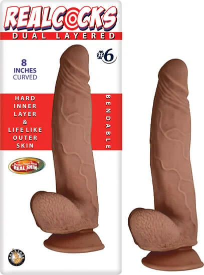 dildo sales resources-Real Cocks Dual Layered #6 Brown Curved 8-Inch Dildo with Suction Cup