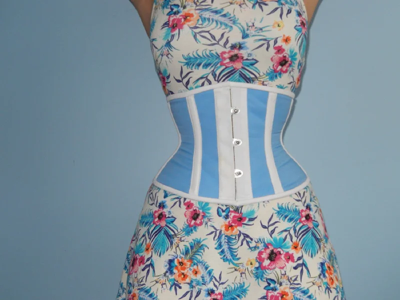 Corset with side clasps-Real steel boned waspie corset from light blue cotton. Waist training fitness edition. Gothic, steampunk, custom made steel-boned corset